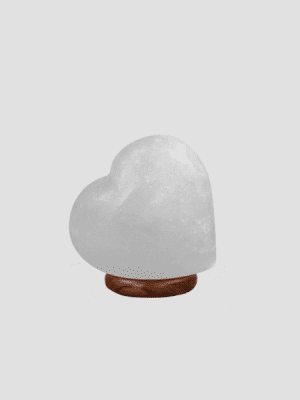 Rare hand-carved White Himalayan Salt Heart Lamp on a polished wooden base, manufactured by Suhail Salt, a premium pink and white salt supplier.