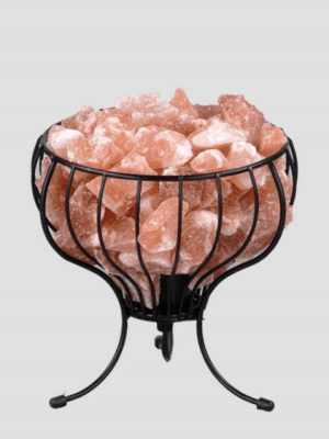 Elegant black iron goblet basket lamp filled with natural Himalayan pink salt crystals by Suhail Salt, a world-class pink salt manufacturer and exporter.