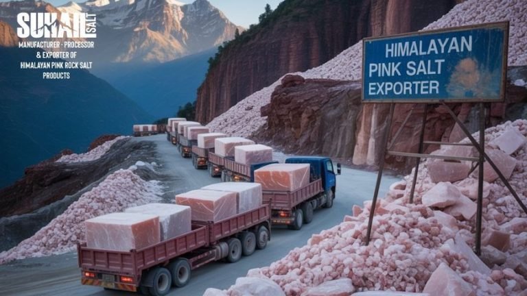 Close-up of natural Himalayan pink salt crystals from Suhail Salt, rich in minerals and naturally unrefined