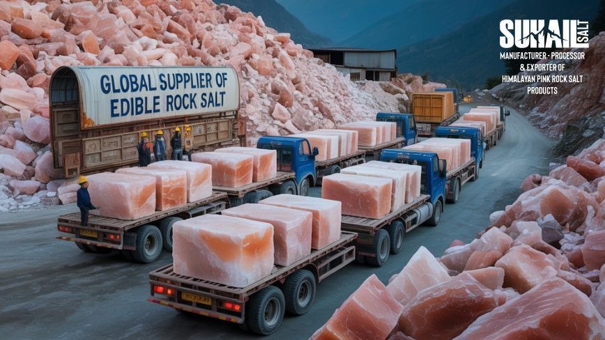 Natural Himalayan pink salt crystals by Suhail Salt – unrefined, mineral-rich rock salt from Himalayan mines