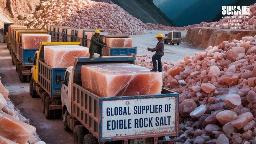 Bulk 25kg food-grade Himalayan pink salt bags ready for USA export from Suhail Salt Pakistan factory