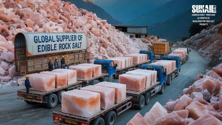 "Suhail Salt wholesale Himalayan pink salt product range showing bulk packaging options fine coarse grains and custom sizes for international export"
