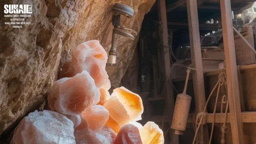 Close-up of authentic Khewra pink salt crystals with Suhail Salt branding and mineral infographic