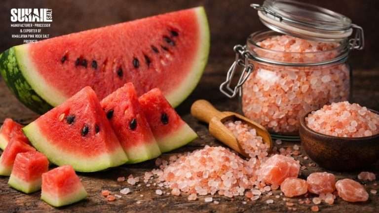Fresh watermelon slices with Suhail Himalayan pink salt for natural hydration and electrolyte replenishment