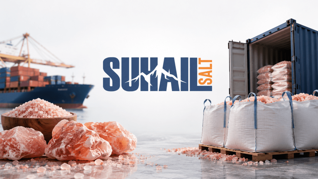 Suhail Salt export logistics warehouse with containerized Himalayan rock salt bulk shipments ready for international wholesale distribution from Pakistan
