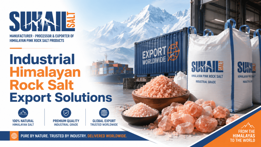 Industrial Himalayan rock salt processing and packaging facility at Suhail Salt Pakistan manufacturing plant with automated export-ready bulk packing systems