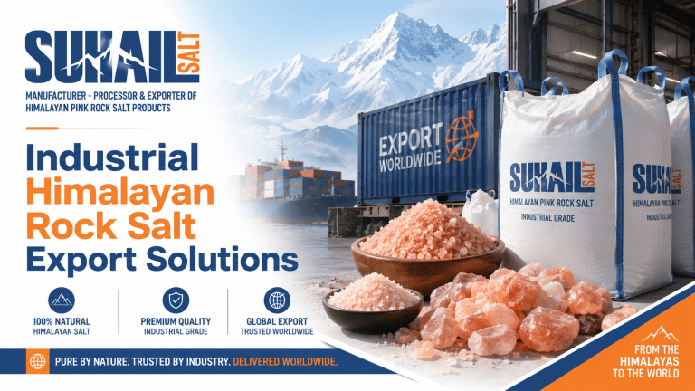 Industrial Himalayan rock salt processing and packaging facility at Suhail Salt Pakistan manufacturing plant with automated export-ready bulk packing systems