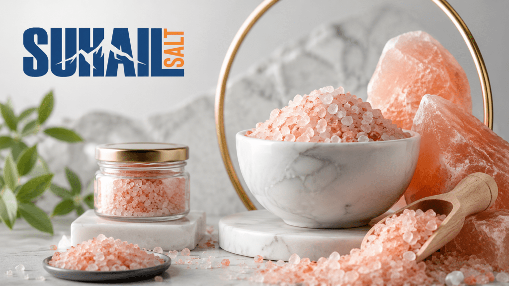 Bulk industrial Himalayan rock salt inventory at Suhail Salt Pakistan warehouse showing wholesale quantities for export to food processing water treatment and chemical industries