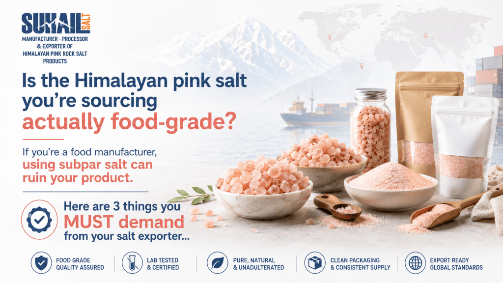 Premium food grade Himalayan pink salt crystals by Suhail Salt exporter for gourmet food brands.