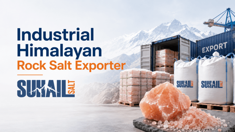 Bulk industrial Himalayan rock salt export by Suhail Salt, showing large packaged pink salt bags ready for global shipping and international distribution.