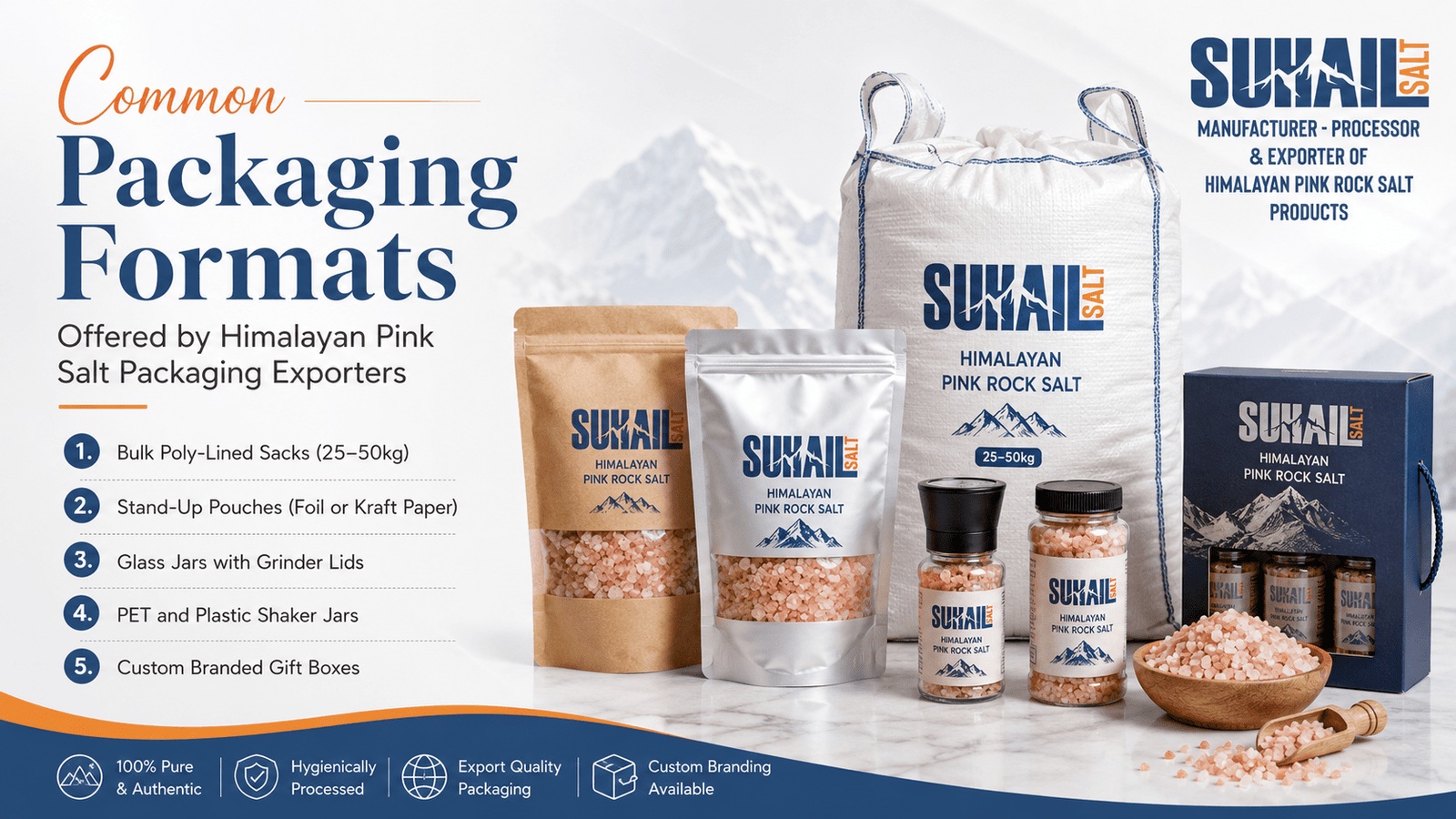 Pakistan number one Himalayan salt manufacturer and wholesale supplier Suhail Salt export packaging