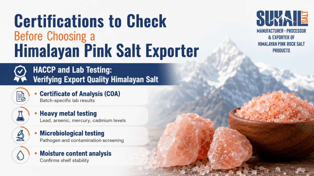 Suhail Salt Infographic: Certifications to Check Before Choosing a Himalayan Pink Salt Exporter, detailing HACCP, Lab Testing, Certificate of Analysis, Heavy Metal Testing, and Microbiological Safety.