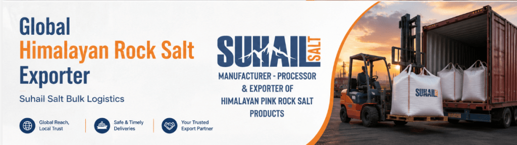 Suhail Salt bulk Himalayan rock salt shipping containers prepared for international export, showcasing reliable global logistics and versatile industrial supply.