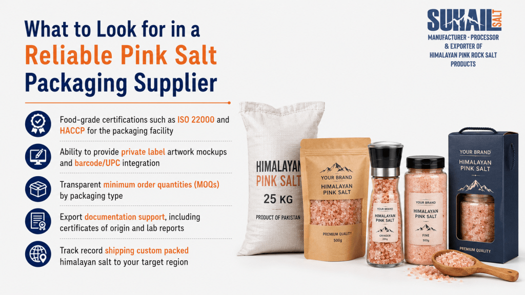 Himalayan pink salt packaging exporter Suhail Salt global supply top Pakistani manufacturer