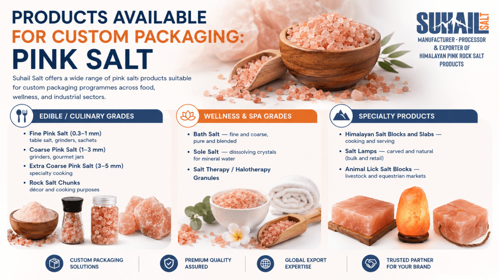 Suhail Salt Products Available for Custom Packaging: Infographic showing Edible Culinary Grades, Wellness & Spa Grades, and Specialty Himalayan Pink Salt products including Salt Lamps, Blocks, and Bath Salts.